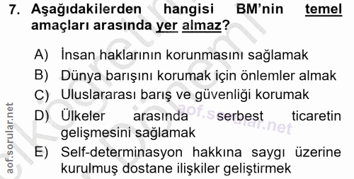 7. soru: Aşağıdakilerden hangisi BM'nin temel amaçları arasında yer almaz? A) Insan haklarının korunmasını sağlamak B) Dünya b…