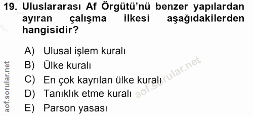 19. soru: Uluslararası Af Örgütü'nü benzer yapılardan ayıran çalışma ilkesi aşağıdakilerden hangisidir? A) Ulusal işlem kuralı…