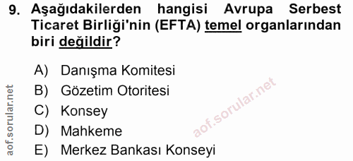 9. soru: Aşağıdakilerden hangisi Avrupa Serbest Ticaret Birliği'nin (EFTA) temel organlarından biri değildir? A) Danışma Komit…