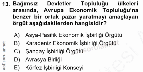 13. soru: Bağımsız Devletler Topluluğu ülkeleri arasında, Avrupa Ekonomik Topluluğu'na benzer bir ortak pazar yaratmayı amaçlay…
