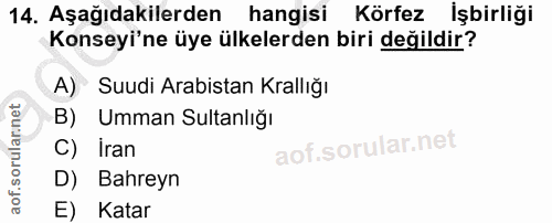 14. soru: Aşağıdakilerden hangisi Körfez İşbirliği Konseyi'ne üye ülkelerden biri değildir? A) Suudi Arabistan Krallığı B) Umma…