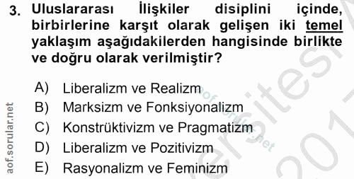 3. soru: Uluslararası İlişkiler disiplini içinde, birbirlerine karşıt olarak gelişen iki temel yaklaşım aşağıdakilerden hangis…