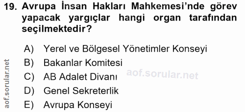 19. soru: Avrupa Insan Hakları Mahkemesi'nde görev yapacak yargıçlar hangi organ tarafından seçilmektedir? A) Yerel ve Bölgesel…