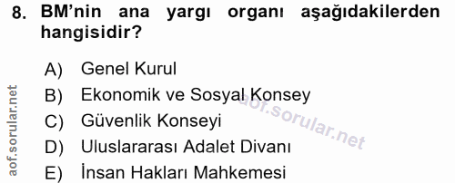 8. soru: BM'nin ana yargı organı aşağıdakilerden hangisidir? A) Genel Kurul B) Ekonomik ve Sosyal Konsey C) Güvenlik Konseyi u…