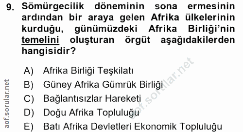 9. soru: Sömürgecilik döneminin sona ermesinin ardından bir araya gelen Afrika ülkelerinin kurduğu, günümüzdeki Afrika Birliği…