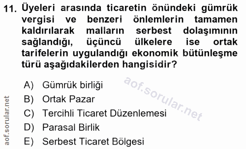 11. soru: Uyeleri arasında ticaretin önündeki gümrük vergisi ve benzeri önlemlerin tamamen kaldırılarak malların serbest dolaşı…