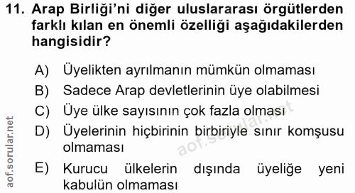 11. soru: Arap Birliği'ni diğer uluslararası örgütlerden farklı kılan en önemli özelliği aşağıdakilerden hangisidir? A) Üyelikt…