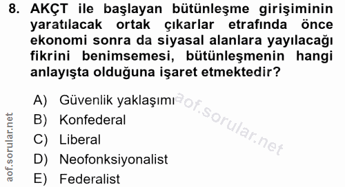 8. soru: AKÇT ile başlayan bütünleşme girişiminin yaratılacak ortak çıkarlar etrafında önce ekonomi sonra da siyasal alanlara…