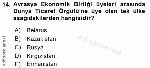14. soru: Avrasya Ekonomik Birliği üyeleri arasında Dünya Ticaret Örgütü'ne üye olan tek ülke aşağıdakilerden hangisidir? A) Be…