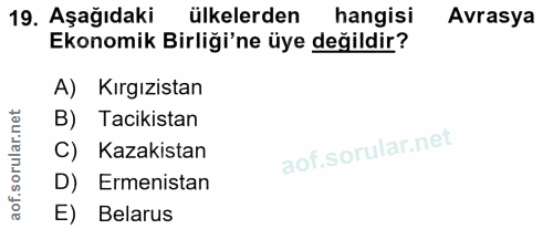 19. soru: Aşağıdaki ülkelerden hangisi Avrasya Ekonomik Birliği'ne üye değildir? A) Kırgızistan B) Tacikistan C) Kazakistan D)…