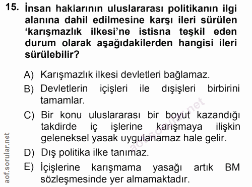 15. soru: İnsan haklarının uluslararası politikanın ilgi alanına dahil edilmesine karşı ileri sürülen 'karışmazlık ilkesi'ne is…