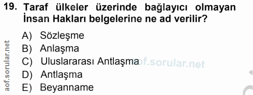 19. soru: Taraf ülkeler üzerinde bağlayıcı olmayan İnsan Hakları belgelerine ne ad verilir? A) Sözleşme B) Anlaşma C) Uluslarar…