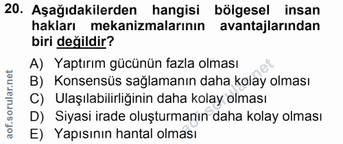 20. soru: Aşağıdakilerden hangisi bölgesel insan hakları mekanizmalarının avantajlarından biri değildir? A) Yaptırım gücünün fa…