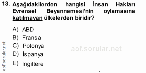 13. soru: Aşağıdakilerden hangisi İnsan Hakları Evrensel Beyannamesi'nin oylamasına katılmayan ülkelerden biridir? A) ABD B) Fr…