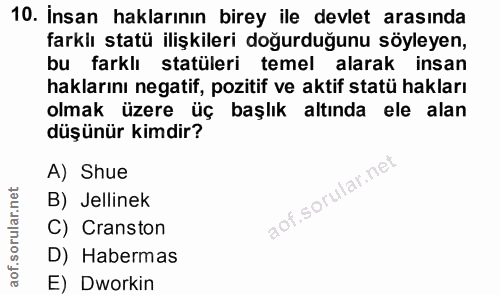 10. soru: İnsan haklarının birey ile devlet arasında farklı statü ilişkileri doğurduğunu söyleyen, bu farklı statüleri temel al…
