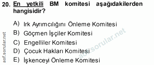 20. soru: En yetkili BM komitesi aşağıdakilerden hangisidir? A) Irk Ayrımcılığını Önleme Komitesi B) Göçmen İşçiler Komitesi ul…