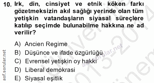10. soru: Irk, din, cinsiyet ve etnik köken farkı gözetmeksizin akıl sağlığı yerinde olan tüm yetişkin vatandaşların siyasal sü…