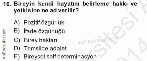 16. soru: Bireyin kendi hayatını belirleme hakkı ve yetkisine ne ad verilir? A) Pozitif özgürlük B) İfade özgürlüğü C) Birey ha…