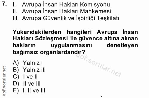 7. soru: I. Avrupa İnsan Hakları Komisyonu II. Avrupa Insan Hakları Mahkemesi III. Avrupa Güvenlik ve İşbirliği Teşkilatı Yuka…