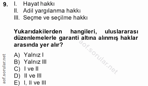 9. soru: I. Hayat hakkı II. Adil yargılanma hakkı III. Seçme ve seçilme hakkı Yukarıdakilerden • hangileri, uluslararası düzen…