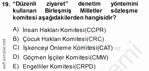 19. soru: "Düzenli ziyaret" denetim yöntemini kullanan Birleşmiş Milletler sözleşme komitesi aşağıdakilerden hangisidir? A) İns…