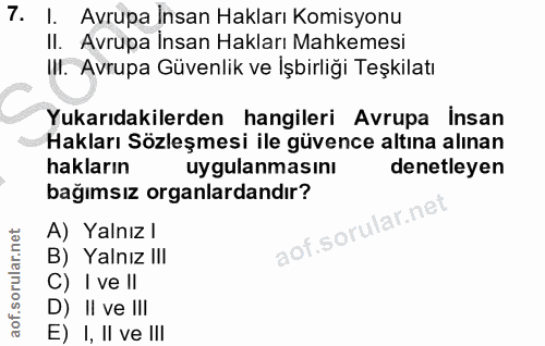 7. soru: I. Avrupa İnsan Hakları Komisyonu II. Avrupa İnsan Hakları Mahkemesi IIl. Avrupa Güvenlik ve İşbirliği Teşkilatı Yuka…