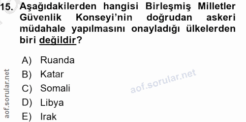 15. soru: Aşağıdakilerden hangisi Birleşmiş Milletler Güvenlik Konseyinin doğrudar askeri müdahale yapılmasını onayladığı ülkel…