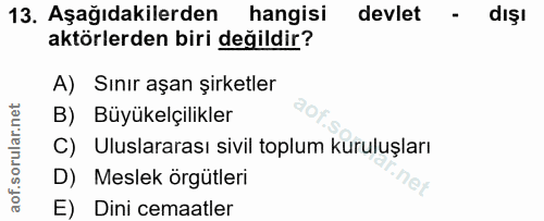 13. soru: Aşağıdakilerden hangisi devlet - dişl aktörlerden biri değildir? A) Sınır aşan şirketler B) Büyükelçilikler C) Ulusla…
