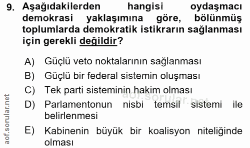 9. soru: Aşağıdakilerden hangisi oydaşmacı demokrasi yaklaşımına göre, bölünmüş toplumlarda demokratik istikrarın sağlanması i…