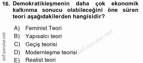 16. soru: Demokratikleşmenin daha çok ekonomik kalkınma sonucu olabileceğini öne süren teori aşağıdakilerden hangisidir? A) Fem…