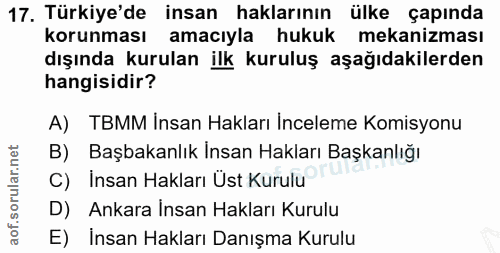 17. soru: Türkiye'de insan haklarının ülke çapında korunması amacıyla hukuk mekanizması dışında kurulan ilk kuruluş aşağıdakile…
