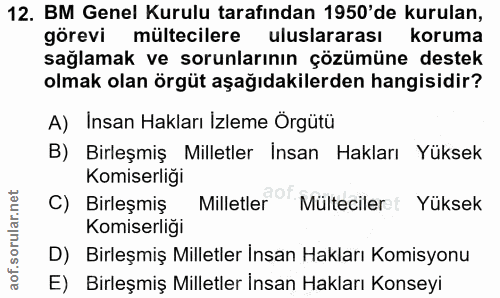 12. soru: BM Genel Kurulu tarafından 1950'de kurulan, görevi mültecilere uluslararası koruma sağlamak ve sorunlarının çözümüne…