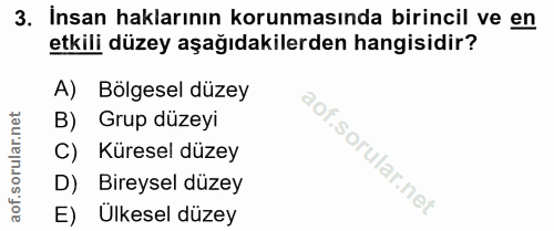 3. soru: Insan haklarının korunmasında birincil ve en etkili düzey aşağıdakilerden hangisidir? A) Bölgesel düzey B) Grup düzey…
