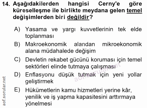 14. soru: Aşağıdakilerden hangisi Cerny'e göre küreselleşme ile birlikte meydana gelen temel değişimlerden biri değildir? A) Ya…