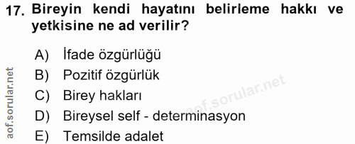17. soru: Bireyin kendi hayatını belirleme hakkı ve yetkisine ne ad verilir? A) Ifade özgürlüğü B) Pozitif özgürlük ar.net C) B…
