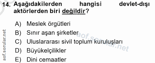14. soru: Aşağıdakilerden hangisi devlet-dışı aktörlerden biri değildir? A) Meslek örgütleri B) Sınır aşan şirketler C) Uluslar…