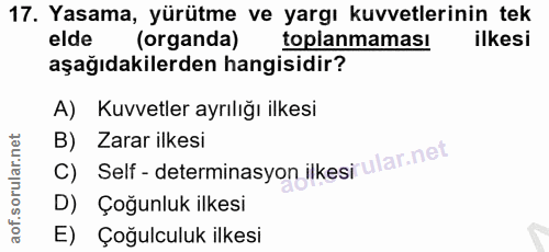 17. soru: Yasama, yürütme ve yargı kuvvetlerinin tek elde (organda) toplanmaması ilkesi aşağıdakilerden hangisidir? A) Kuvvetle…