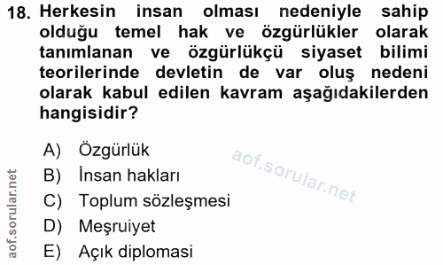 18. soru: Herkesin insan olması nedeniyle sahip olduğu temel hak ve özgürlükler olarak tanımlanan ve özgürlükçü siyaset bilimi…