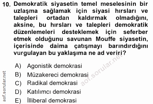 10. soru: Demokratik siyasetin temel meselesinin bir uzlaşma sağlamak için siyasi hırsları ve talepleri ortadan kaldırmak olmad…