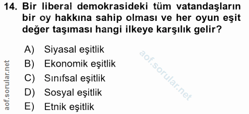 14. soru: Bir liberal demokrasideki tüm vatandaşların bir oy hakkına sahip olması ve her oyun eşit değer taşıması hangi ilkeye…