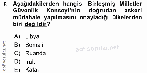 8. soru: Aşağıdakilerden hangisi Birleşmiş Milletler Güvenlik Konseyi'nin doğrudan askeri müdahale yapılmasını onayladığı ülke…