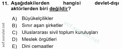 11. soru: Aşağıdakilerden hangisi devlet-dışı aktörlerden biri değildir? A) Büyükelçilikler B) Sınır aşan şirketler Uluslararas…