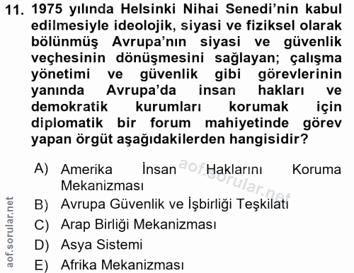 11. soru: 1975 yılında Helsinki Nihai Senedi'nin kabul edilmesiyle ideolojik, siyasi ve fiziksel olarak bölünmüş Avrupa'nın siy…