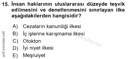 15. soru: Insan haklarının uluslararası düzeyde teşvik edilmesini ve denetlenmesini sınırlayan ilke aşağıdakilerden hangisidir?…
