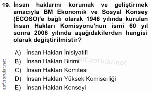 19. soru: İnsan haklarını korumak ve geliştirmek amacıyla BM Ekonomik ve Sosyal Konsey (ECOSO)'e bağlı olarak 1946 yılında kuru…