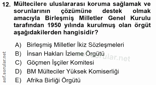 12. soru: Mültecilere uluslararası koruma sağlamak ve sorunlarının çözümüne destek olmak amacıyla Birleşmiş Milletler Genel Kur…