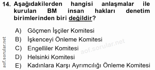 14. soru: Aşağıdakilerden hangisi anlaşmalar ile kurulan BM insan hakları denetim birimlerinden biri değildir? A) Göçmen İşçile…