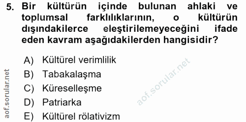 5. soru: Bir kültürün içinde bulunan ahlaki ve toplumsal farklilıklarının, kültürün dışındakilerce eleştirilemeyeceğini ifade…