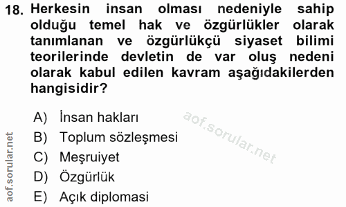 18. soru: Herkesin insan olması nedeniyle sahip olduğu temel hak ve özgürlükler olarak tanımlanan ve özgürlükçü siyaset bilimi…