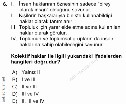 6. soru: I. Insan haklarının öznesinin sadece "birey olarak insan" olduğunu savunur. II. Kişilerin başkalarıyla birlikte kulla…